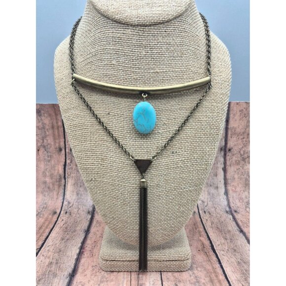 Dark Brushed Gold Tone Statement Collar Necklace Drop Faux Turquoise Western - Picture 7 of 8